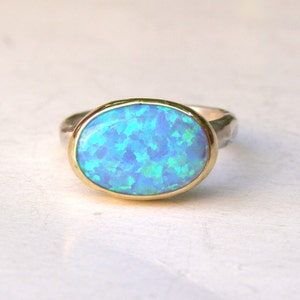 Blue opal ring, Solitaire ring, Statement silver sterling and gold ring, statement ring, Oval ring ,Birthday gift, Mom gift, October stone, image 2