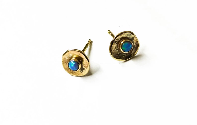 14k solid gold Opal studs 8 mm 3mm Opal stone earrings Blue opal Birthstone image 2