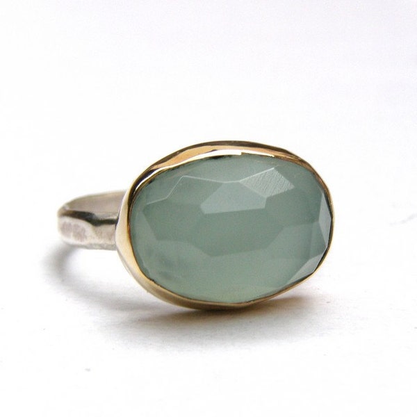 Aquamarine Ring - Gold ring and Silver ring Green Aquamarine Chalcedony stone ring