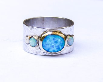 Blue Opal Ring ,Multi stone Rings, Unique Engagement Ring, Statement ring, silver sterling ring,Wife gift, Gemstone Ring, Anniversary Ring