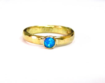 Unique Engagement Rings - 9k Solid Gold bands with blue opal , yellow gold bands for her