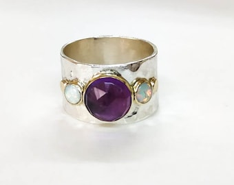 Statement Purple amethyst Ring -Gold and Silver Multi stone Gemstone Ring- Hammered Band Style- , Anniversary ring