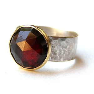 Red Garnet ring, Garnet stone Statement silver ring , Gold and silver ring, hammered bands