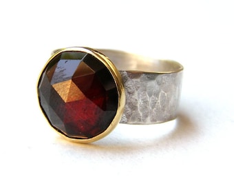 Red Garnet ring, Garnet stone Statement silver ring , Gold and silver ring, hammered bands