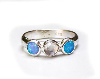 Blue Opal ring,  Blue Gemstone ring, White topaz ring, Engagement Ring, anniversary ring, stacking stone ring, Birthday gift, Girls ring