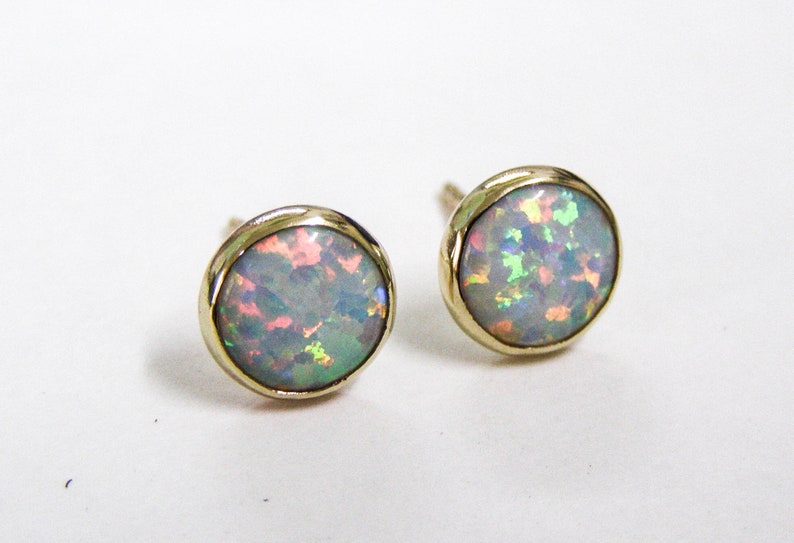 Opal stud Earrings 14k solid gold Studs 8mm Gift for her, October Birthstone image 4