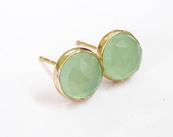 Gold solid Studs, Gold earrings ,Green Quartz  Recycled 14k  Gold earrings, gold post Earrings- 8mm, Blue earrings, birthday women gift