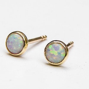 White Opal Stud Earrings 4mm 14k Solid gold Handmade stud Earrings
