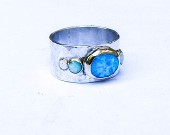 925 Silver Ring, Blue / White Opal Ring, Oval Stone Ring, Silver Band