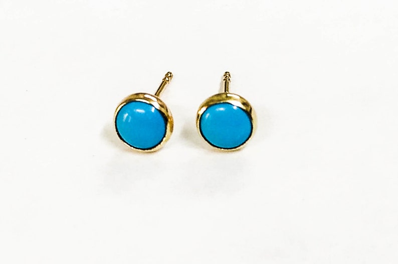 Turquoise 14k gold Stud earrings ,Turquoise stone 6mm, Minimalist earrings, women jewelry image 3