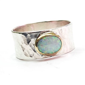 White opal ring size 13.5 - silver sterling ring with solid gold. Oval white opal ready to ship