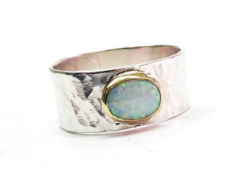 White opal ring size 13.5 - silver sterling ring with solid gold. Oval white opal ready to ship