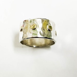 Silver Wedding Band 10mm, 925 Sterling Silver ring , 14K gold dots, Handmade Wedding Ring ,Hammerd silver ring, Men&#39;s wedding band