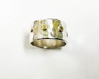 Silver Wedding Band 10mm, 925 Sterling Silver ring , 14K gold dots, Handmade Wedding Ring ,Hammerd silver ring, Men's wedding band