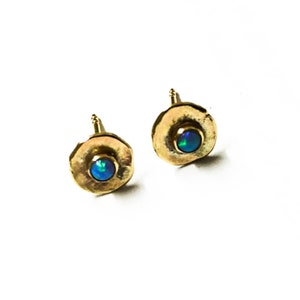 14k solid gold Opal studs 8 mm 3mm Opal stone earrings Blue opal Birthstone image 4