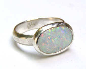White opal ring, Silver sterling ring Cocktail White opal Gemstone silver ring, Oval stone, 925 Sterling silver ring ,christmas gift