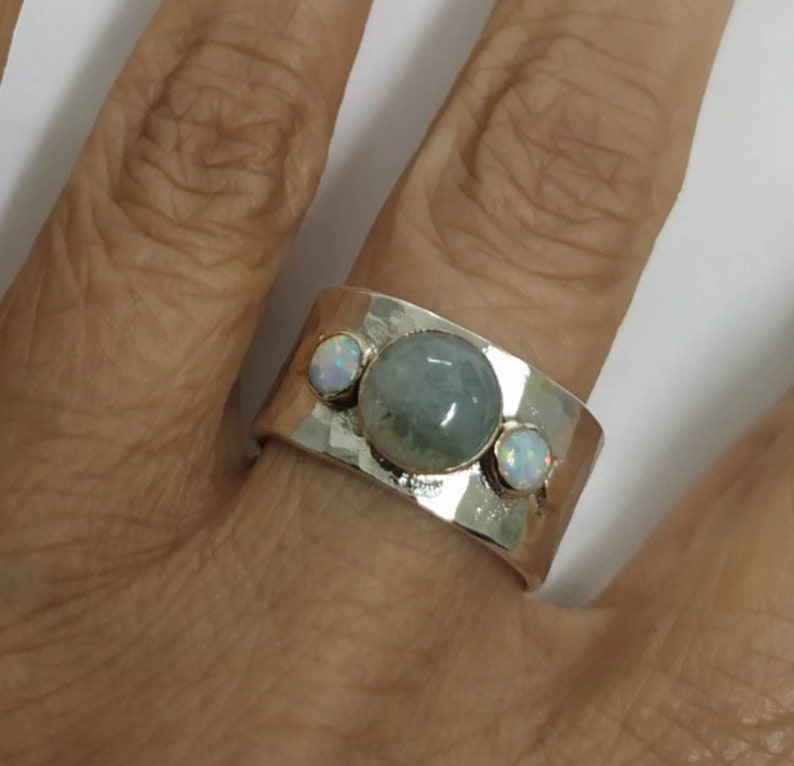 Aquamarine Ring Handmade Statement Ring White Opal Ring Etsy