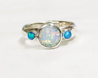 Opal ring, White opal and Blue opal Gemstone ring, Back to school silver ring , Engagement Ring, anniversary ring, stacking ring, gift idea