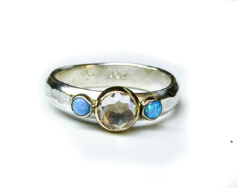 Blue Opal Engagement Ring /Goldand silver Promise ring/ multi stone gemstone ring/ handmade jewelry