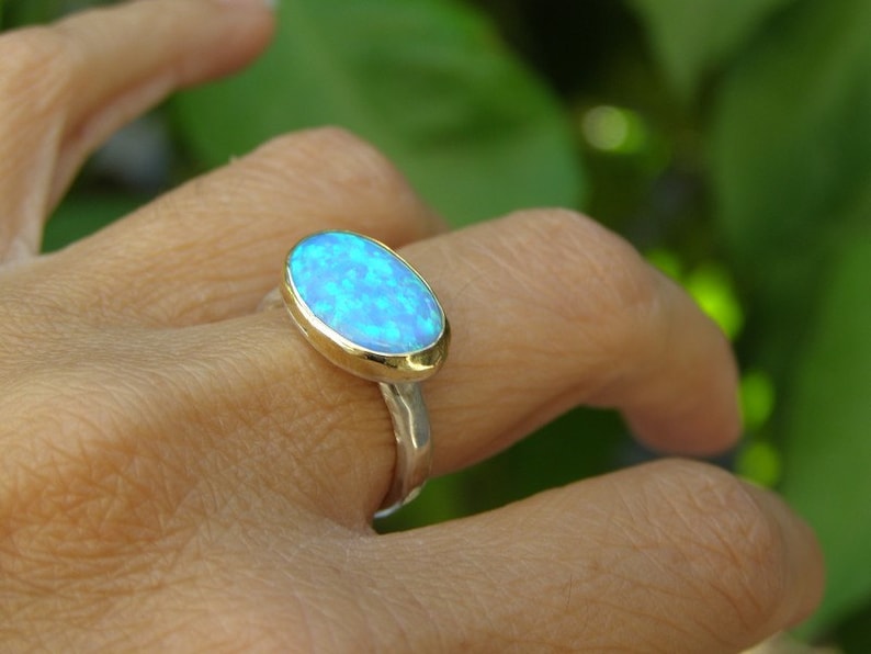 Blue opal ring, Solitaire ring, Statement silver sterling and gold ring, statement ring, Oval ring ,Birthday gift, Mom gift, October stone, image 5