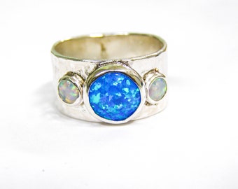 Anillo de plata esterlina / Anillo de ópalo / Anillo de ópalo azul y blanco / Banda de plata / Anillo de ópalo azul / Regalo para ella, regalo para mamá