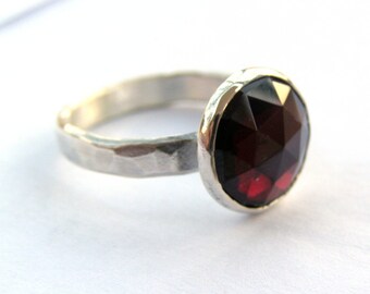 Red Garnet ring, Fine Silver sterling 925 band handmade jewelry, statement red stone ring