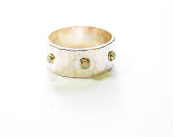 White opal ring, Silver sterling ring 10mm band with solid gold ,Handmade Ring ,Hammerd silver ring, 2mm opal stone .