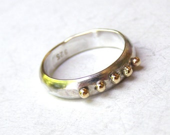 Wedding band, Stacking ring ,14k solid Gold ring and silver ring with Lovely 14k gold dots , christmas gift, silver sterling ring, bands