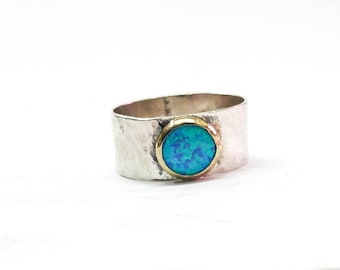 Blue opal ring size 13.25 - silver sterling and solid gold ring