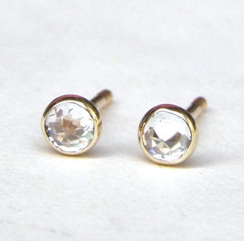 14K Solid gold Stud Earrings 3mm with white topaz stone. image 7