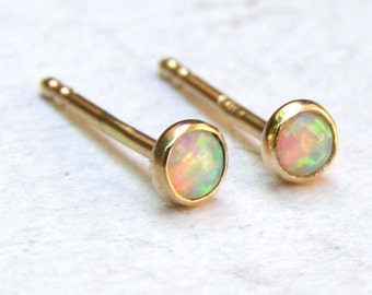 White Opal solid gold stud earrings 3mm solid gold earrings ,handmade earrings 3mm, Birthday gift, gift for her, women's gift