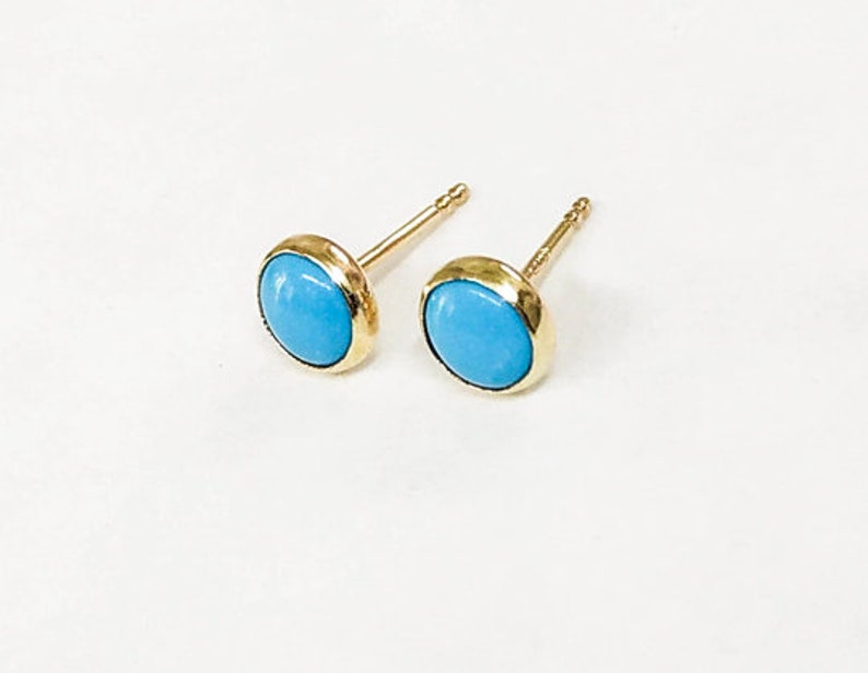 Turquoise 14k gold Stud earrings ,Turquoise stone 6mm, Minimalist earrings, women jewelry zdjęcie 8