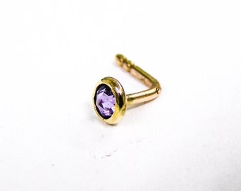 14k solid gold nose stud Purple amethyst nose jewelry - Minimalist Nose stud handmade