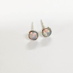 May include: A pair of silver stud earrings with iridescent opal stones.