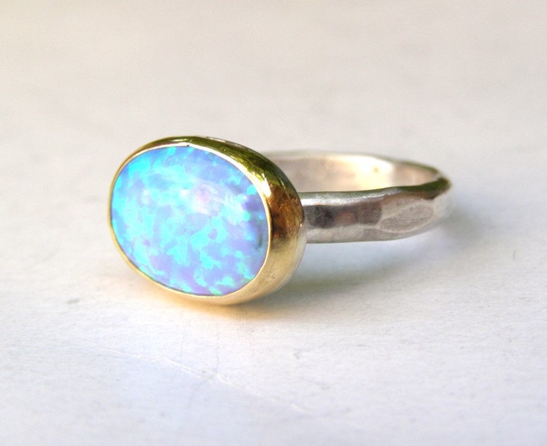 Blue opal ring, Solitaire ring, Statement silver sterling and gold ring, statement ring, Oval ring ,Birthday gift, Mom gift, October stone, image 4