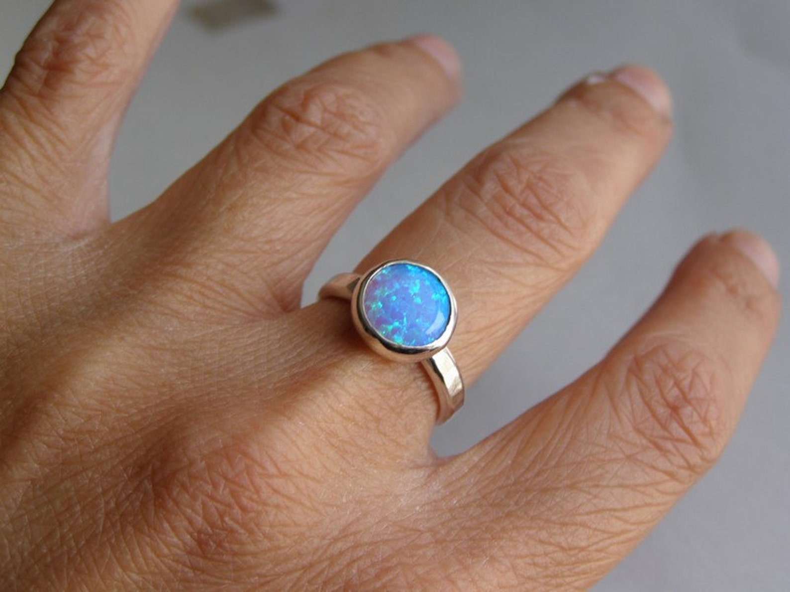 Blue Opal ring Fine Silver ring Stacking ring Gemstone Etsy