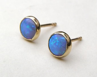 14k blue Opal stud Earrings 6mm, Opal earrings solid gold handmade