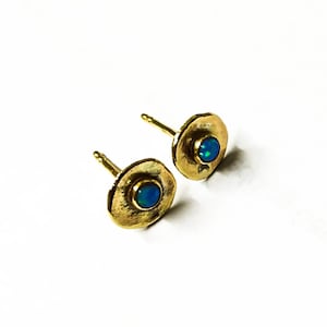 14k solid gold Opal studs 8 mm 3mm Opal stone earrings Blue opal Birthstone image 1