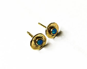 14k solid gold Opal studs 8 mm\  3mm Opal stone earrings Blue opal Birthstone