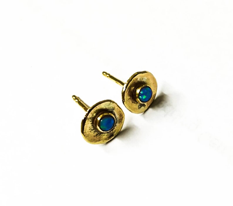 14k solid gold Opal studs 8 mm 3mm Opal stone earrings Blue opal Birthstone image 1