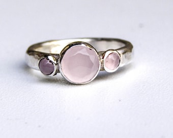 Rose Quartz Pink Ring, Triple stone ring Stackable silver ring, Multi stone Gemstone Rings Gifts for her