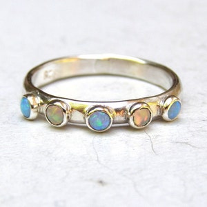 Blue opal ring Wedding silver sterling bands, stackable ring, Anniversary ring, Birthstone opal ring, MADE TO ORDER