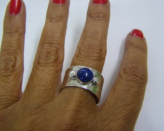 Blue Lapis Lazuli Silver sterling 925 ring ,wide band, Handmade ring ,gift for her