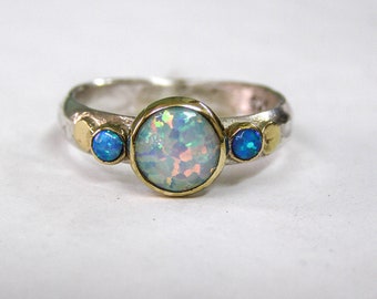 Multi Stone Gemstone Opal Ring / Silver sterling band/ White and Blue Opal ring /promise ring /Handmade Triple stone ring