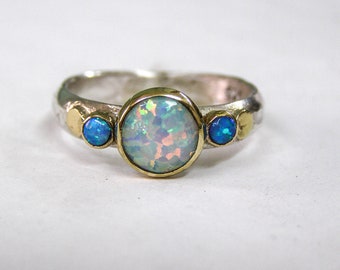 Multi Stone Gemstone Opal Ring / Silver sterling band/ White and Blue Opal ring /promise ring /Handmade Triple stone ring