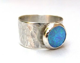 Blue Opal ring Statement Silver sterling 925 ring October stone, Handmade gift for her