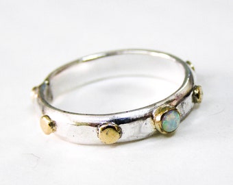 White Opal rings stackable ring /silver sterling band with gold dotsq handmade ring for her/ wedding bands