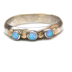 Stackable Blue opal ring, Silver sterling ring with solid gold, Multi stone Gemstone blue opal ring Birthstone October gift for her image 3