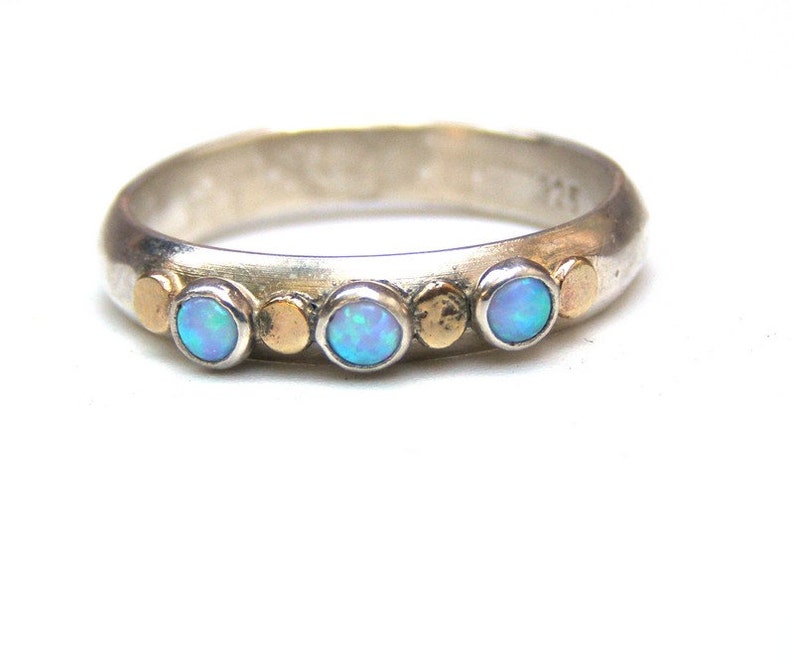 Stackable Blue opal ring, Silver sterling ring with solid gold, Multi stone Gemstone blue opal ring Birthstone October gift for her image 3