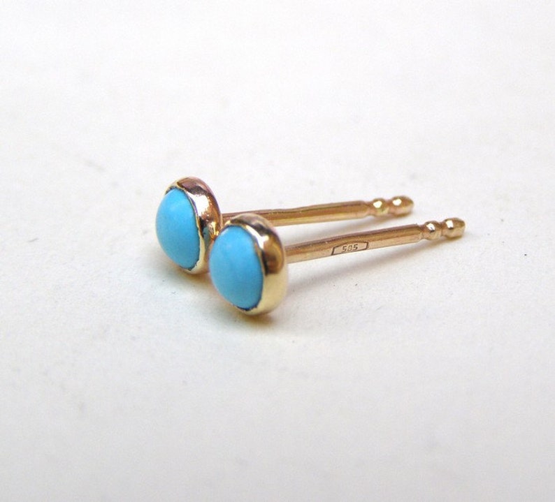 Turquoise Stud earrings, Solid gold 14k earrings 4mm image 3
